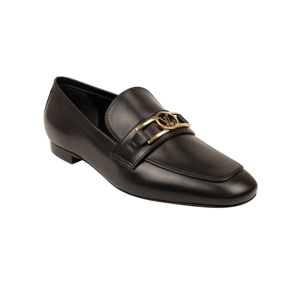 LOUIS VUITTON Black Leather Upper Case Metal Logo Loafers Size 7/37